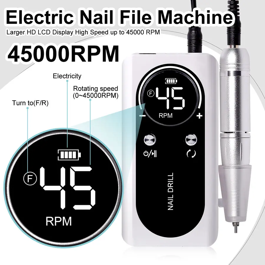 

45000RPM Rechargeable Electric Nail Drill Machine Professional Nail Drills for Gel Nails Polish Portable Nail File Manicure Tool