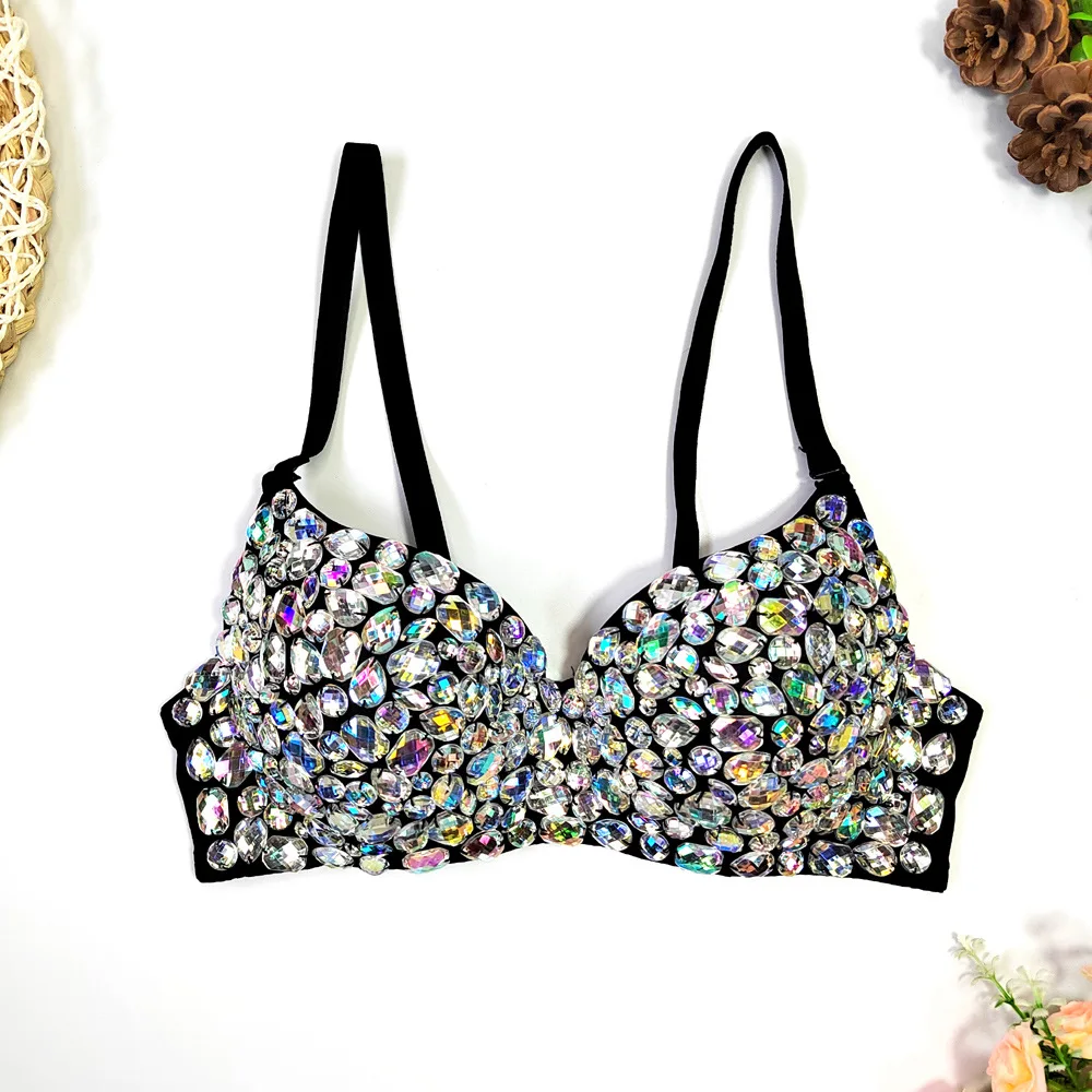Clubwear Sexy Diamond Beaded Bikini Bra Top For Women Nightclub Party Bustier Corset Ultra-Short Backless Slim Cropped Top Camis