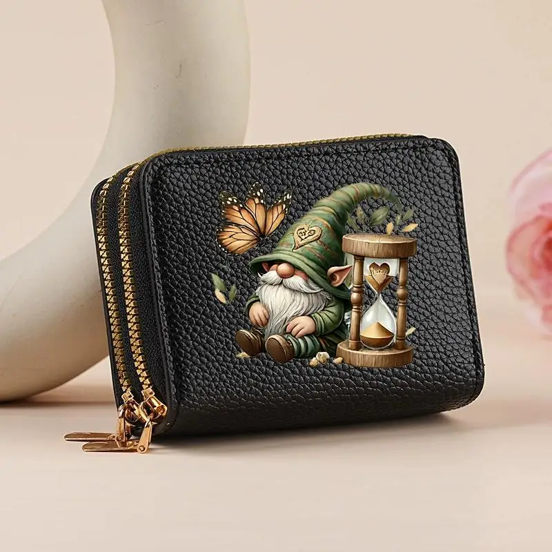 Dwarfs and Animals Black White Cards Wallet Secure Double Zip Clutch PU Leather Purse with Card Slots Cartoon Storage Card Bag