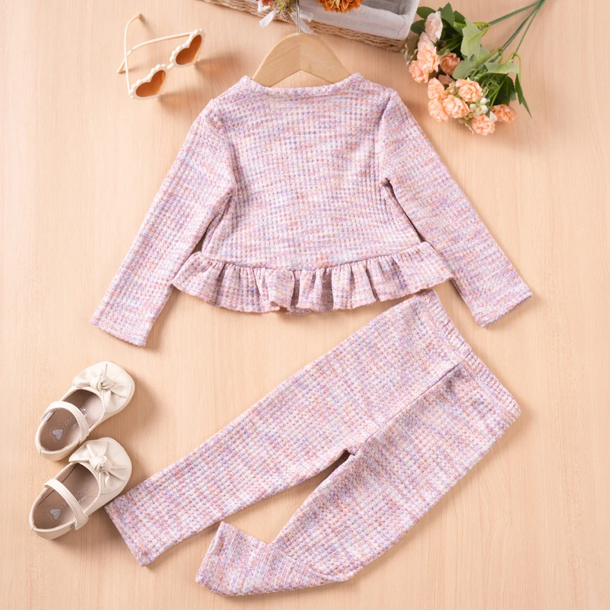 Cute Baby Girl Set Double Ruffle Edge Decorative Top Solid Color Long sleeved Pants 2-piece Set for Daily or Party Wear