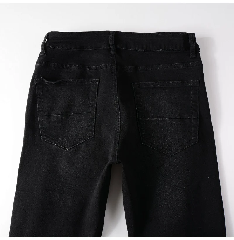 Herren Plissierte Patchwork-Biker-Jeans Streetwear Skinny Tapered Stretch-Denim-Hose Zerrissene Patchwork-Schwarze Hose – Detail 12