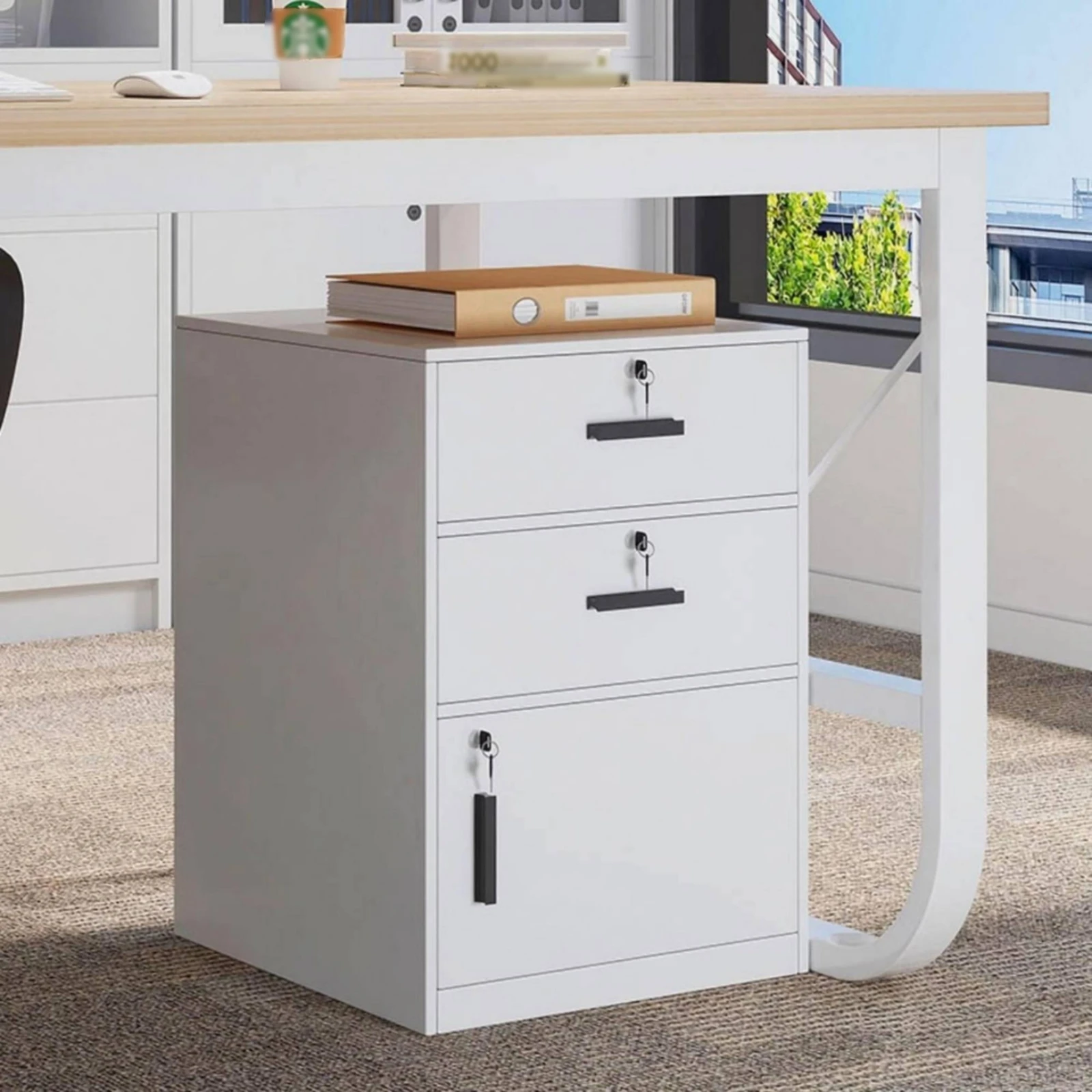 Lockable Office Cabinet White Finish Under Desk File Cabinet Black Handles