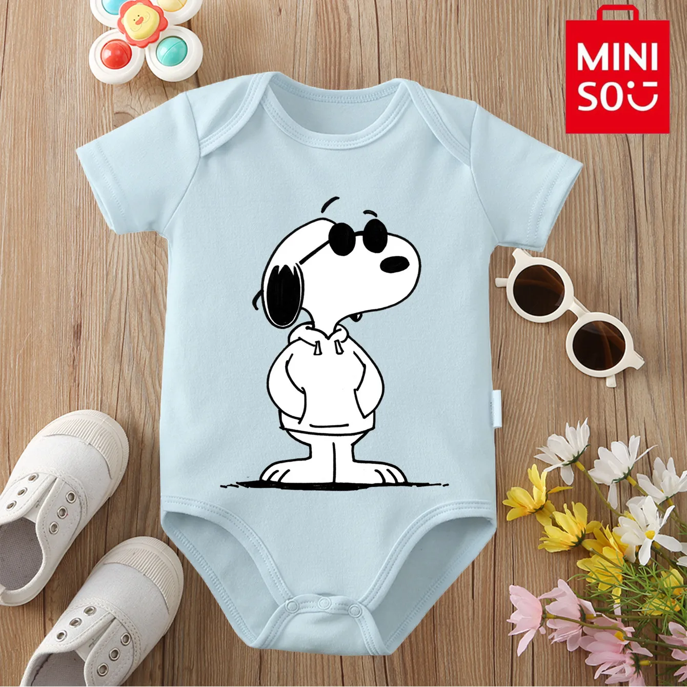 

SNOOPY MINISO ткань из чистого хлопка Woodstock, милый комбинезон с принтом для ребенка, удобный комбинезон для новорожденных от 0 до 12 месяцев
