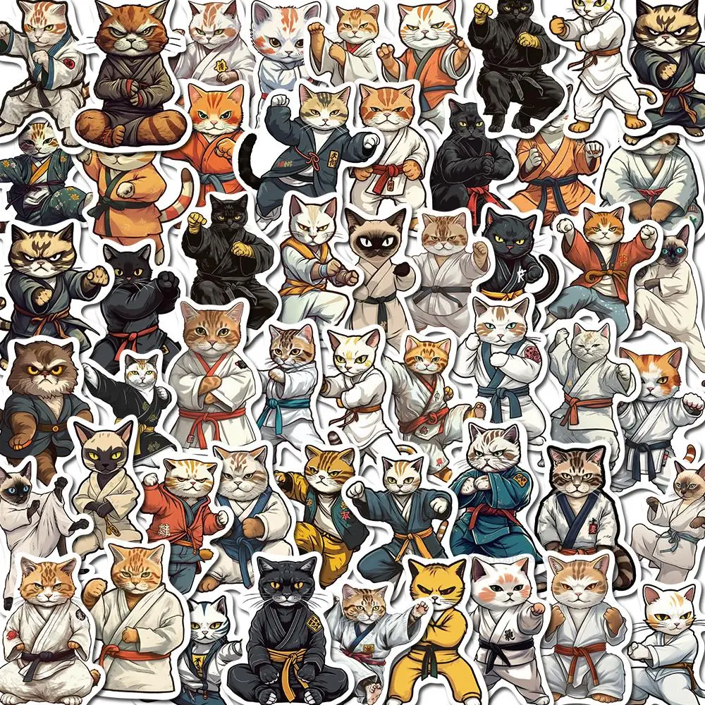 50PCS Kawaii Cool Kung Fu Cat Cartoon Stickers Luggage Laptop  Decal for Kids Vintage Scrapbooking Skateboard Wall Car Notebook