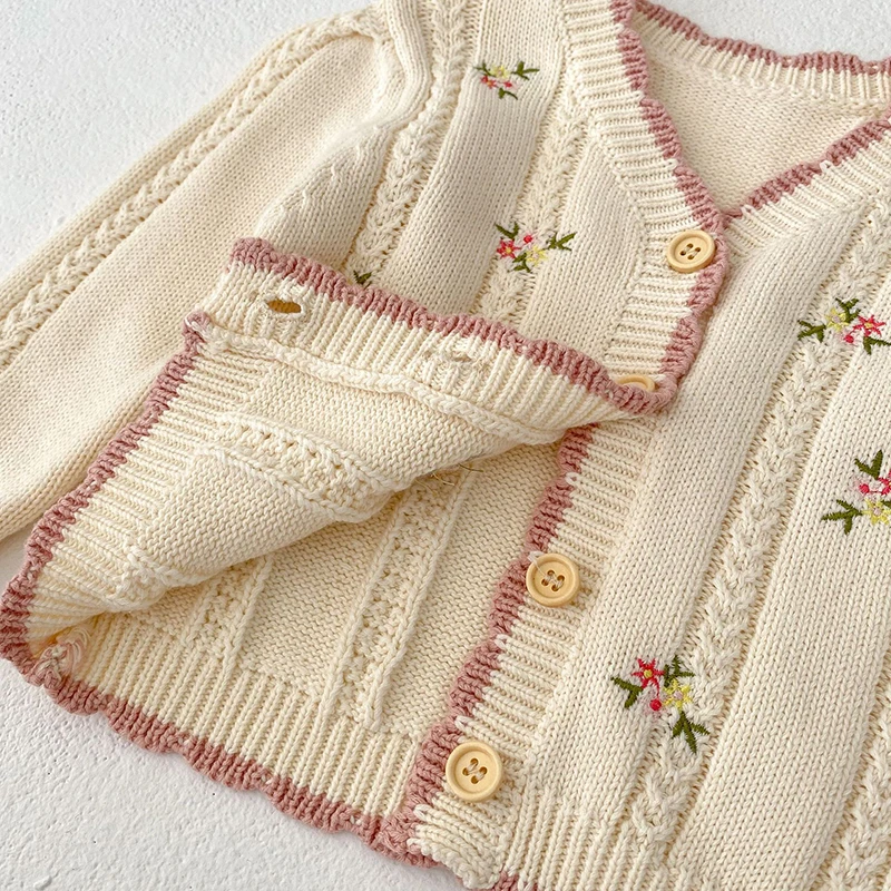 Infant Baby Girl Knitting Cardigan V-neck Flower Embroidery Long Sleeve Cardigan Coat Autumn Spring Toddler Baby Girls Sweater