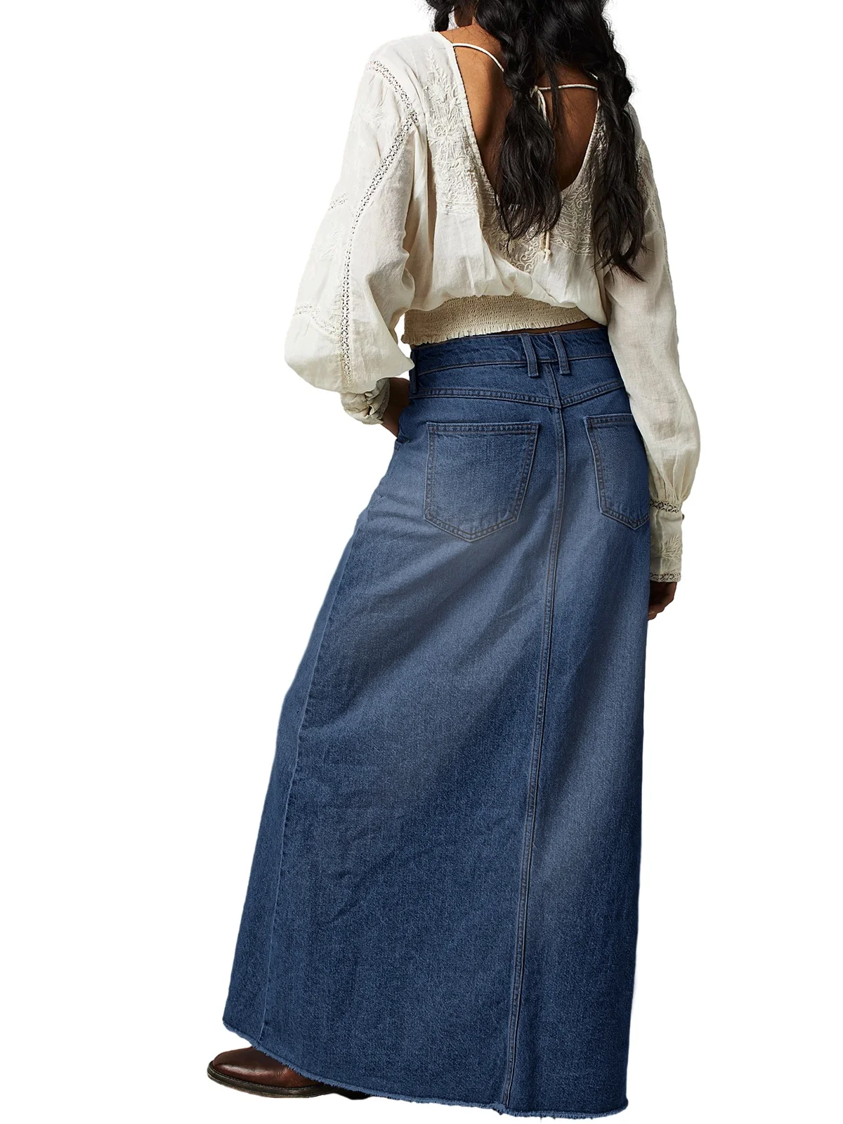 Vintage A-Line Denim Skirt For Women Casual High Waist Frayed Hem Jean Long Skirts With Pockets Fashion Streetwear Y2k Clothes