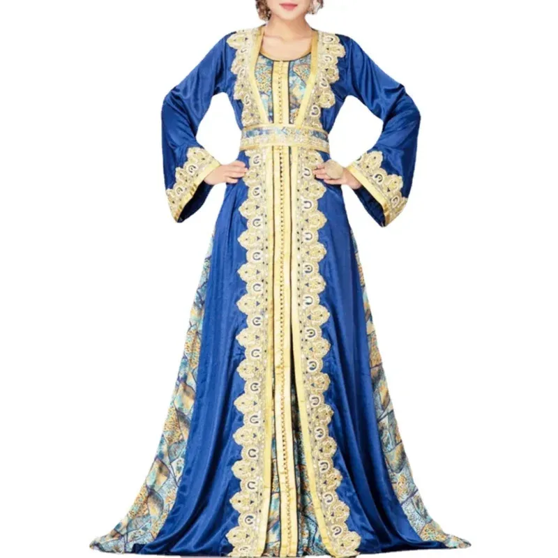 Caftán marroquí Dubai Turquía vestido musulmán mujer abaya azul elegante dama ropa islámica jelaba Eid Mubarak Laba emb;4.f'7;j,3'