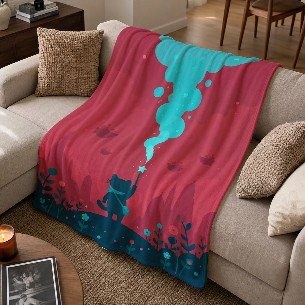 Whimsical Cat Magic Glow Throw Blanket for Sofa Decor Cozy Fleece Plush Knit Throw Couch Blanket Gift for Cat Lovers Aesthetic L