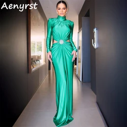 Aenyrst Saudi Arabia Sexy Satin Mermaid Prom Dresses High Collar Pleated Split Bodycon Evening Gowns Floor Length  Party Dress