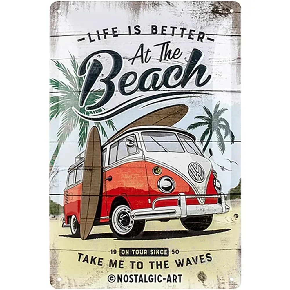 Nostalgic-Art Volkswagen VW Bulli Beach Tin Sign - Decoración de pared vintage de metal colorida