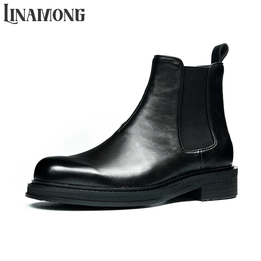 

Black Genuine Leather Stretch Boots Round Toe Slip-On Booties Comfortable Leather Business Casual Shoes Elegant Daily Footwear