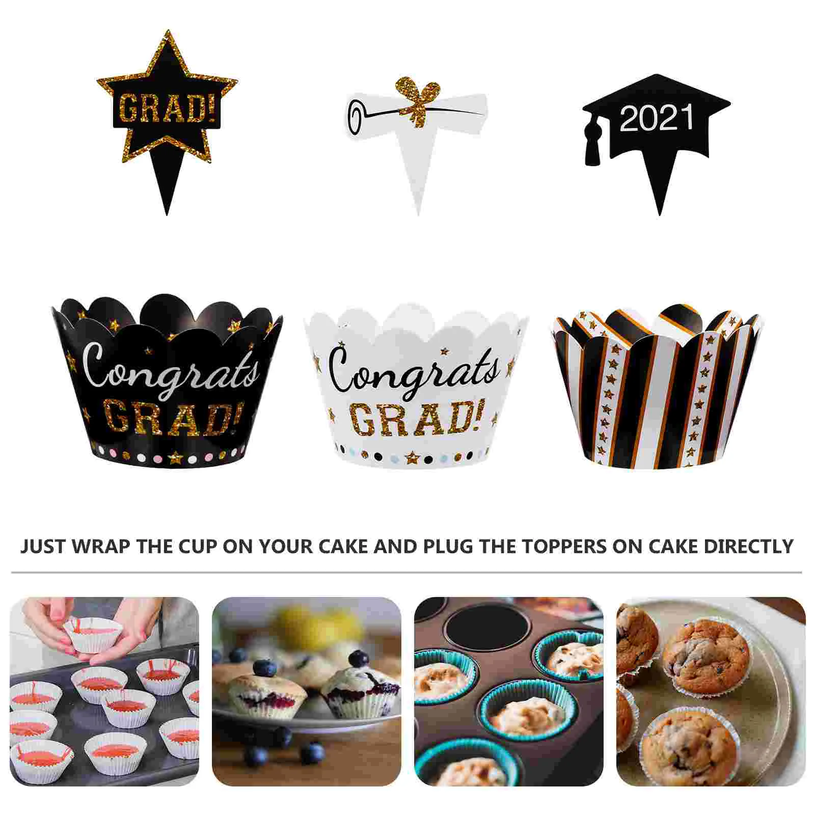 72 Pcs Holiday Cake Decoration Graduation Cup Gold Cupcake Topper Decorate Liners Paper