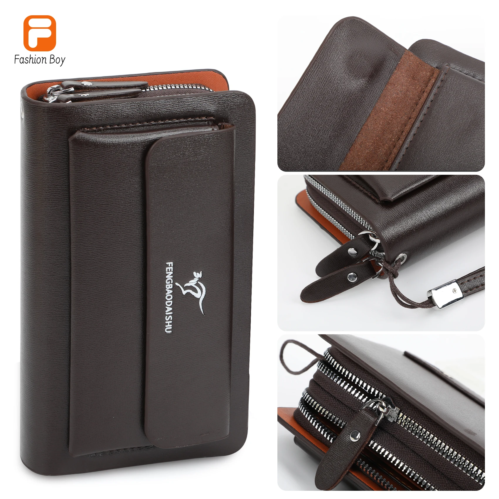 Bolsa de teléfono de gran capacidad con doble cremallera para hombre, bolso de mano de negocios con pinza para múltiples tarjetas