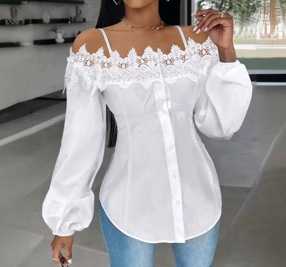 

Elegant Blouses Woman Shirt Cold Shoulder Contrast Sexy Lace Top New Fashion 2024 Summer Casual T-Shirt Pullover Streetwear