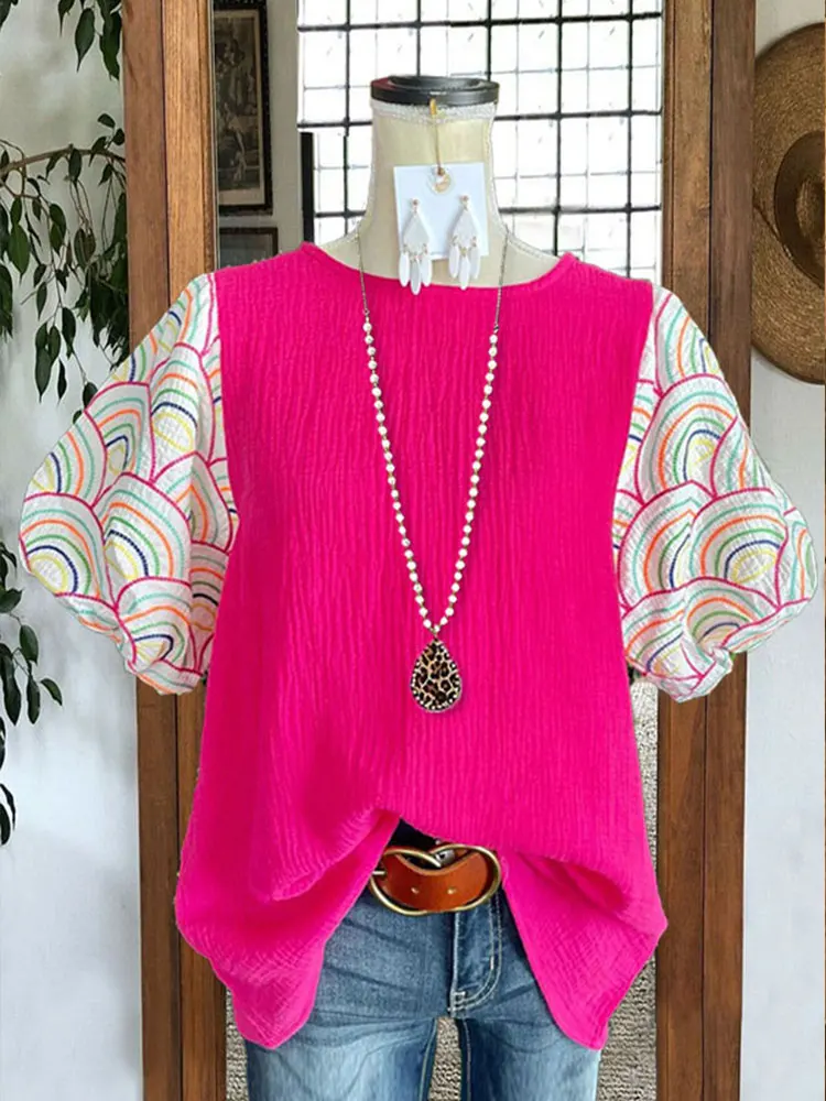 Graphic-print Color-block Top Pink Top with White Flower Print Bell Sleeves blouse