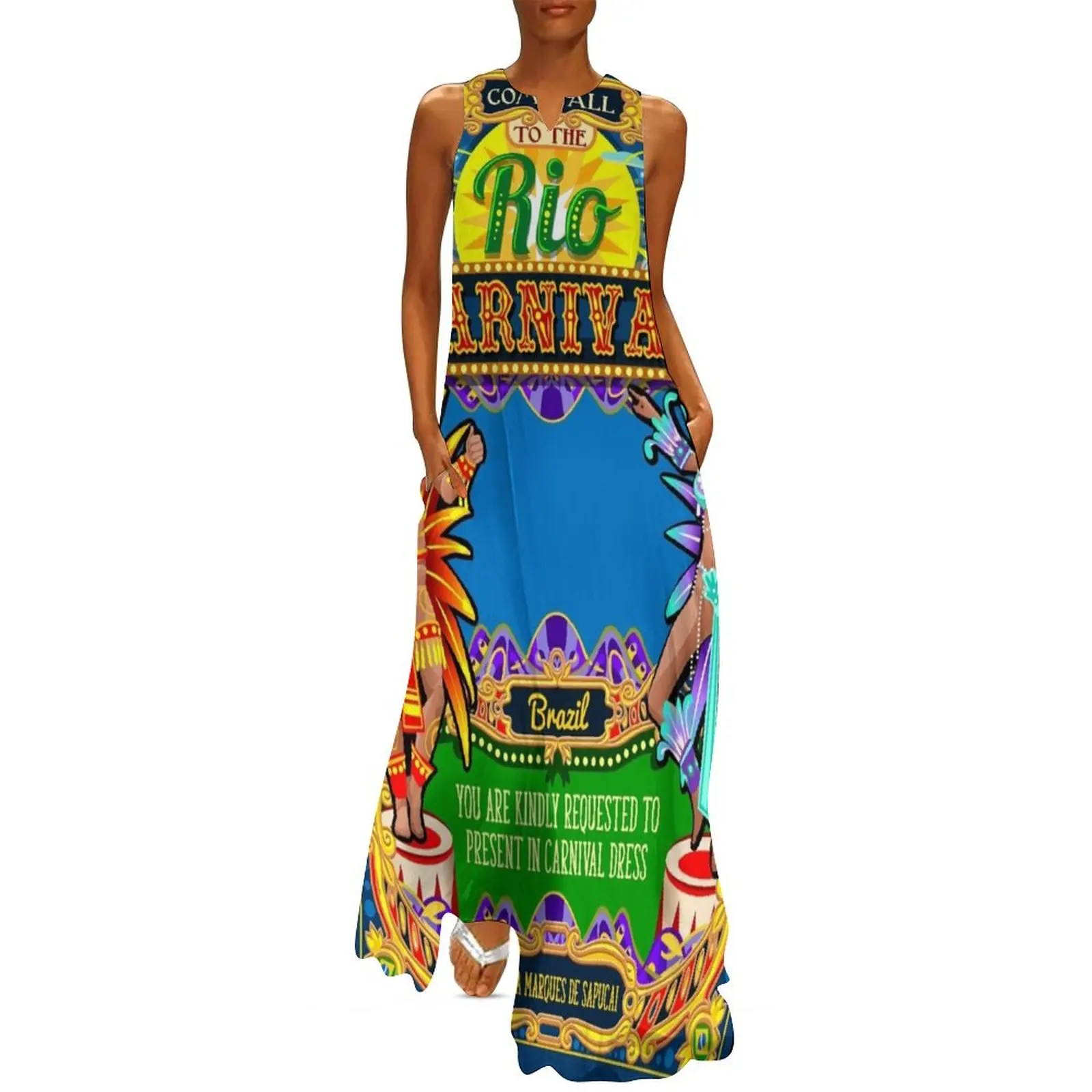 Rio Carnival Poster Frame Brazil Carnaval Mask Show Parade Long Dress long sleeve dress Woman fashion Dress