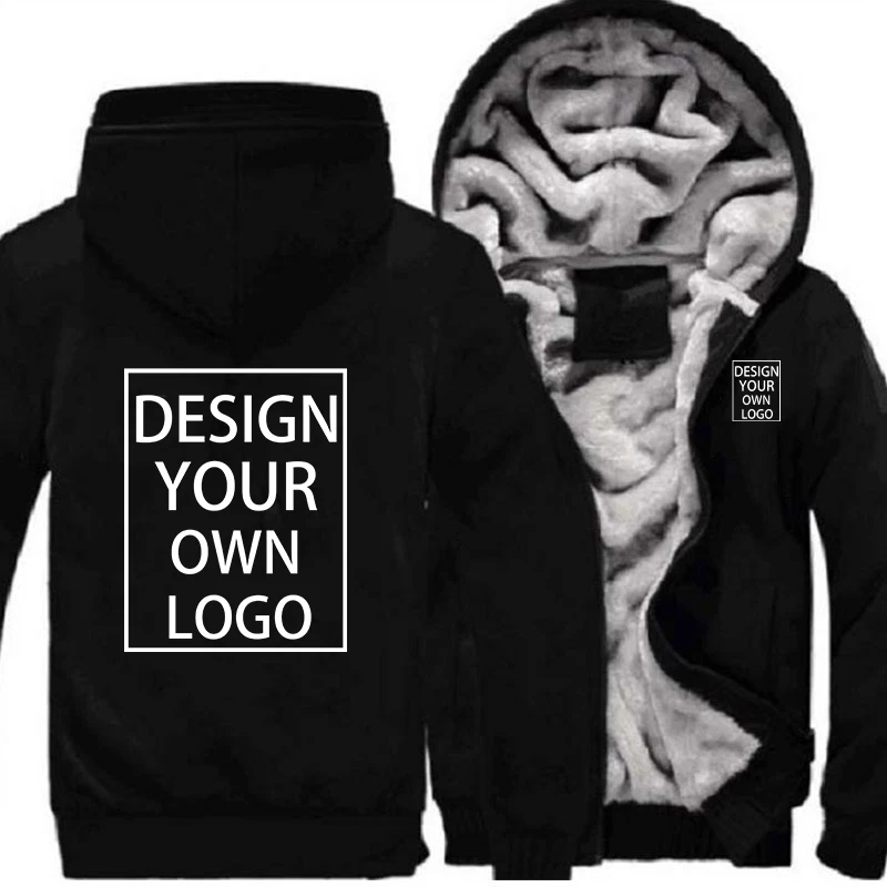 Custom Your Logo Men's Winter Thick Jackets Long Sleeve Zip Up Hoodies Fashion Outdoor Warm Loose Coat Personalized Clothing