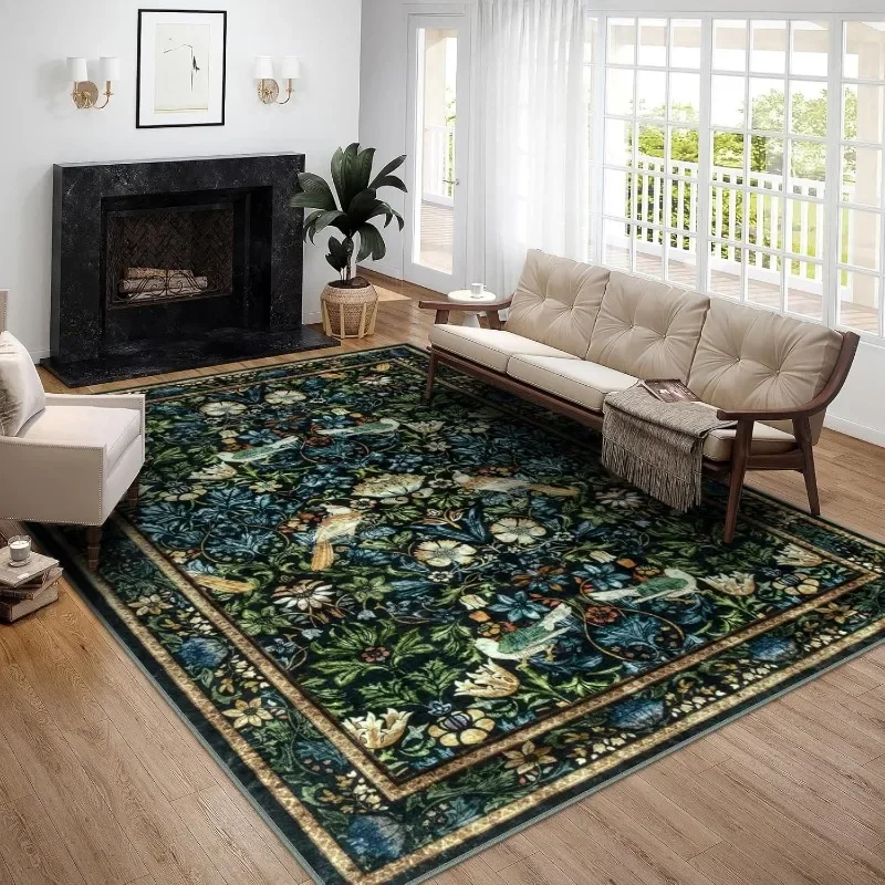 Pastoral Flowers Rugs for Living Room Soft Green Lagre Bedroom Room Carpet Non-Slip Low Pile Flower Birds Coffee Table Floor Mat