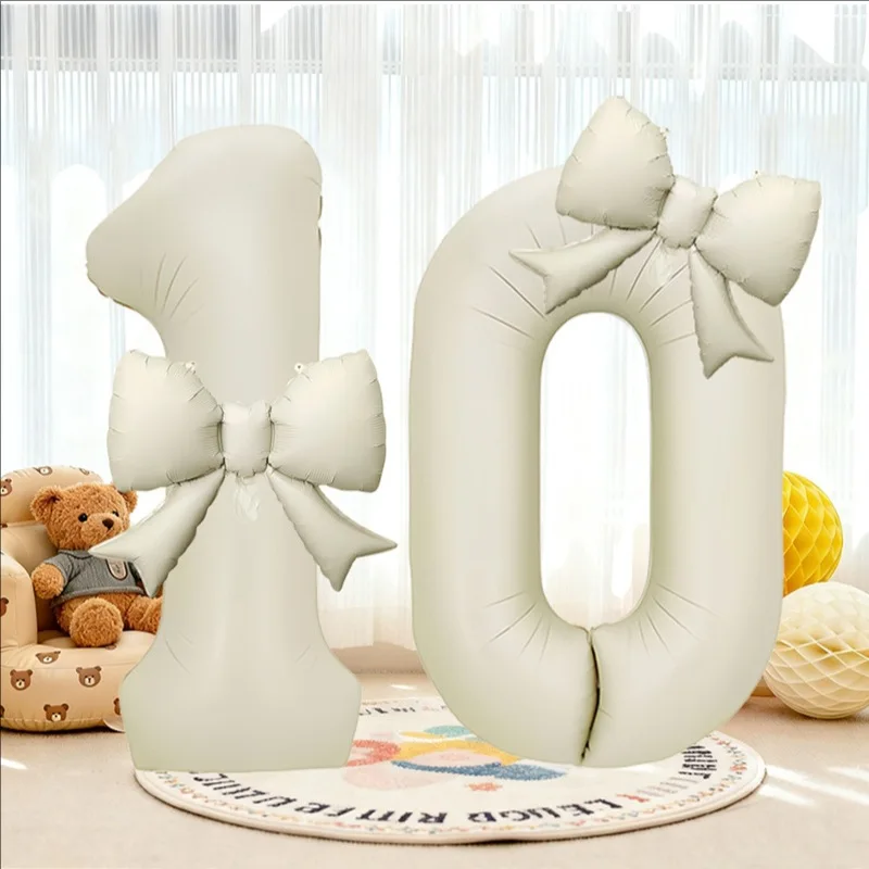 Rosa Schleifen-Zahlen-Folienballons, 32 Zoll, cremebeige Zahlen-Ziffer-Luftballons mit rosa Schleifen für Geburtstags-Coquette-Themenparty-Dekoration