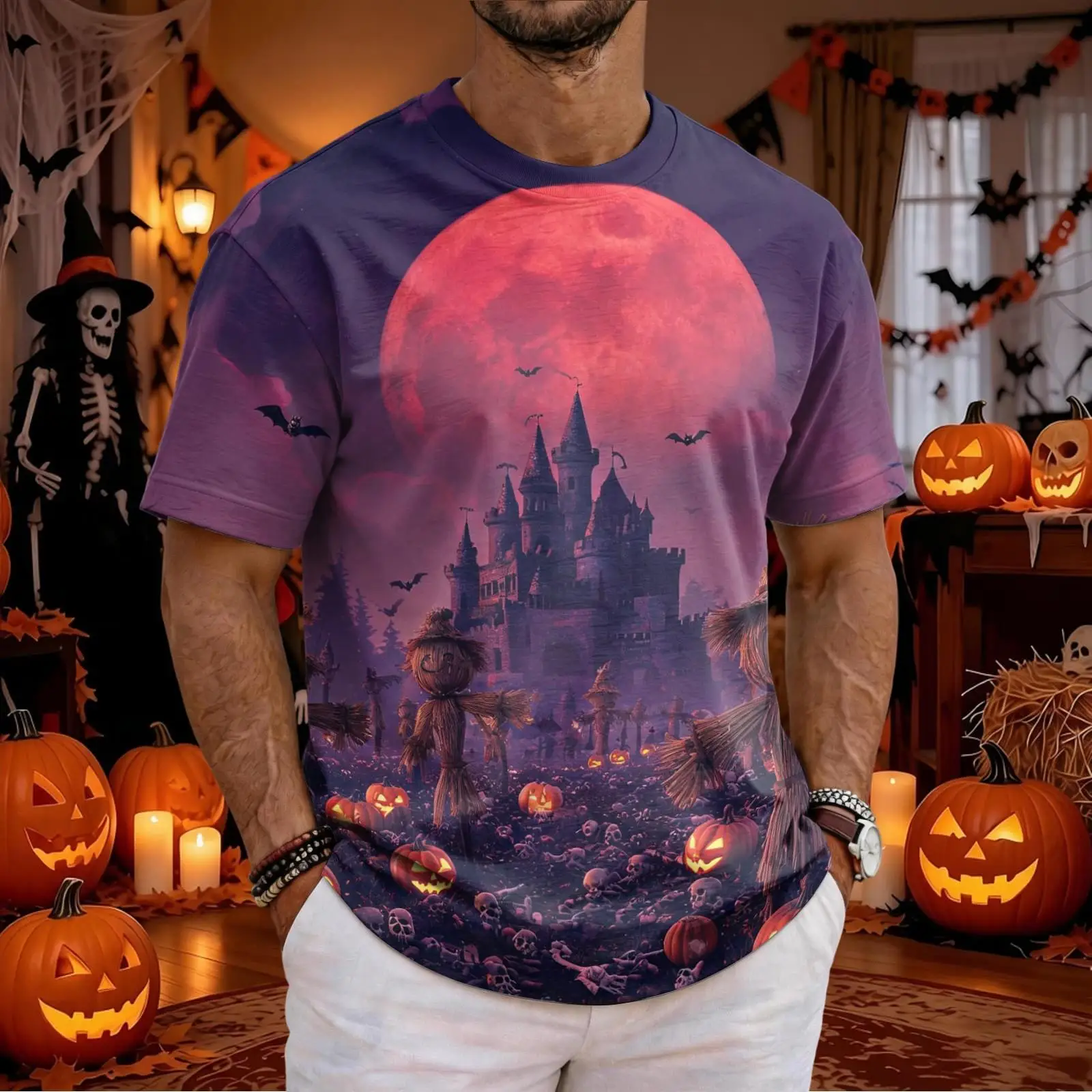 Men Halloween Horror Scenery 3D Print T‑Shirts Ghost Castle Pumpkin Graphic Short Sleeve O‑Neck Holiday Party Casual Tee Tops