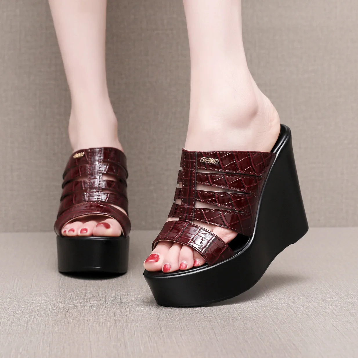 High quality summer leather wedge Slipper for women 6cm 8cm 10cm high heel 33 34 open toe elegant fashion shoe