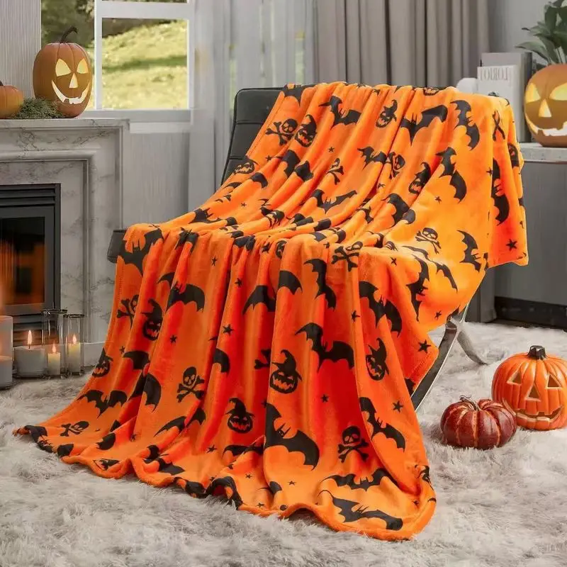VIKAMA Halloween Bat Pumpkin Skull Flannel Throw Blanket Orange Black Print Soft Warm Holiday Sofa Bedroom Decor Blanket