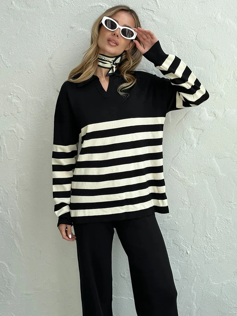 Casual Knit Tracksuit Women Two Piece Set 2 Piece Striped Sweater Matching Sets Loungewear Knitted Two Piece Sets For Women 2024