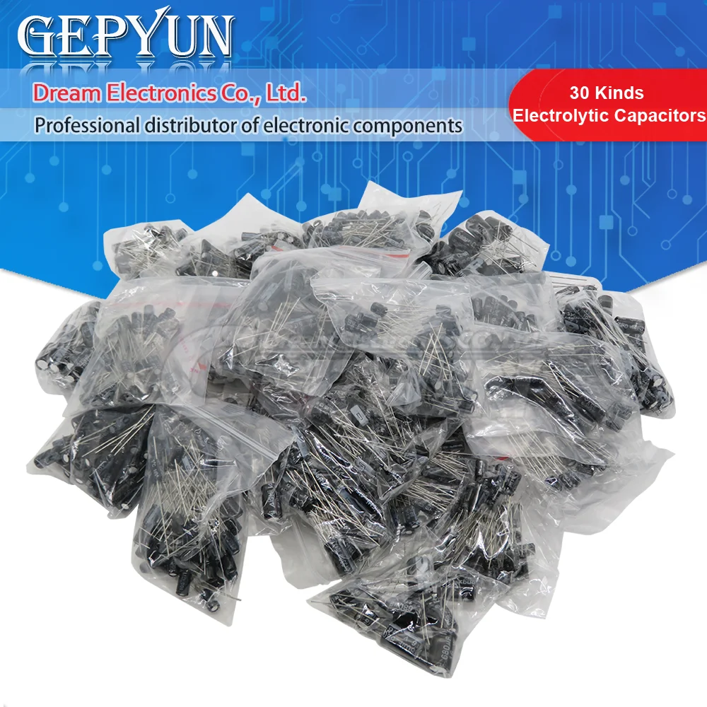 900pcs 30 Kinds 0.1uF-1000uF Electrolytic Capacitors Assorted set pack kit capacitor 10V 16V 25V 50V mix capacitor