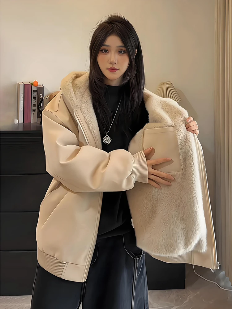 

Thiened American Sle Fce Lined PU Leather Jaet Men Women ort Coat Winter Warm Hooded Cotton Clothes Fur Collar