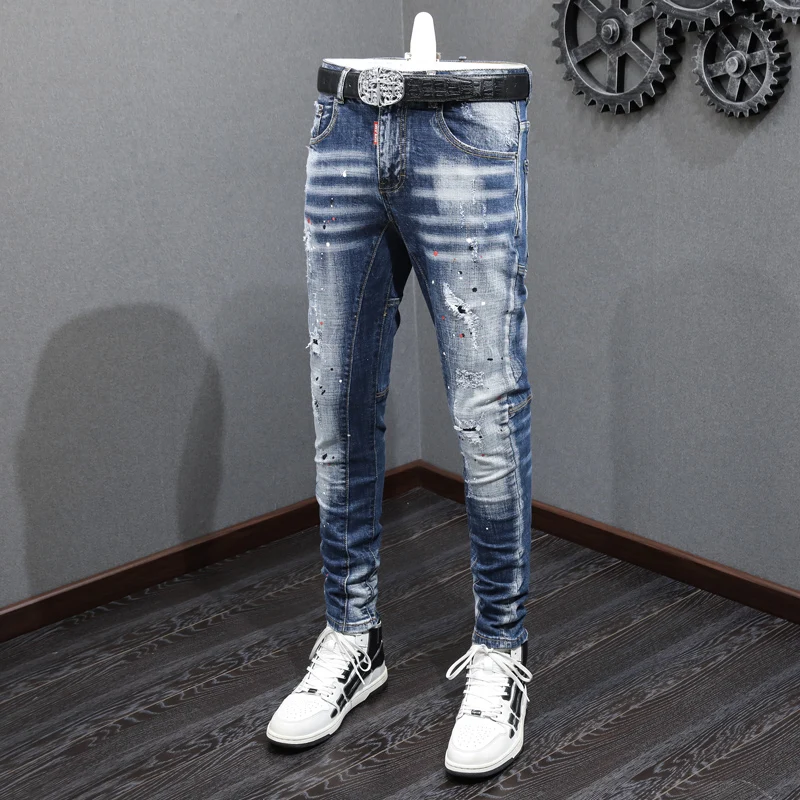Fashion Designer Men Jeans Retro Blue Spliced Elastic Slim Fit Ripped Jeans Men Embroidery Vintage Trousers Hip Hop Pants Hombre