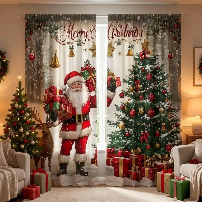 2D Flat Print Polyester Material Christmas Theme Santa Claus Gift Pattern Printed Blackout Curtains with Rod Pocket Bedroom