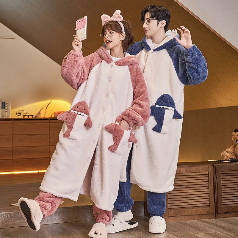 Couple Coral Velvet Pajamas Set Men Sleep Robe&Pants Sleepwear Nightgown Women Cute Cartoon Dinosaur Pijamas--price only 1 PC