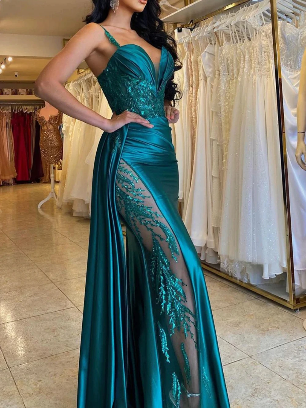 Sexy Pleated V-Neck Evening Dress Elegant Appliques Sequins Customized Prom Gown Modern Mermaid Bridal Dresses Vestidos De Novia