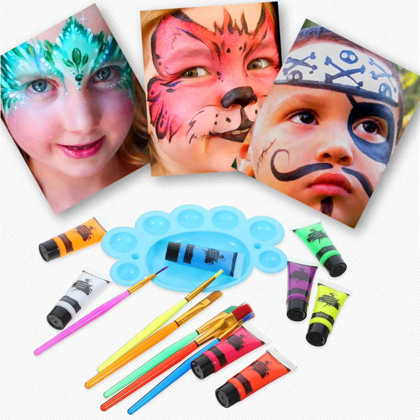 ชุดสีเพ้นท์หน้าและตัวเรืองแสงในที่มืด 1 ชุด สีปลอดภัย ใช้งานง่าย แห้งเร็ว ติดทนนาน สีนีออนเรืองแสง สำหรับแสงยูวีและแสงแบล็คไลท์