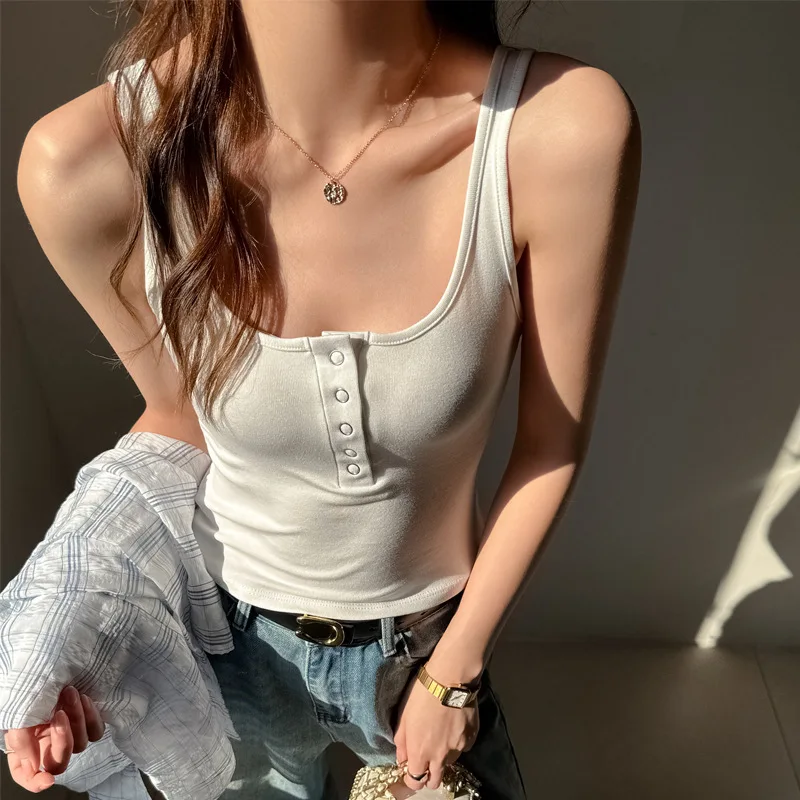 Women Ribbed Knit Tank Top U Scoop Neck Half Henley Button Placket Sleeveless Slim Cropped Fitted Basic Camisole