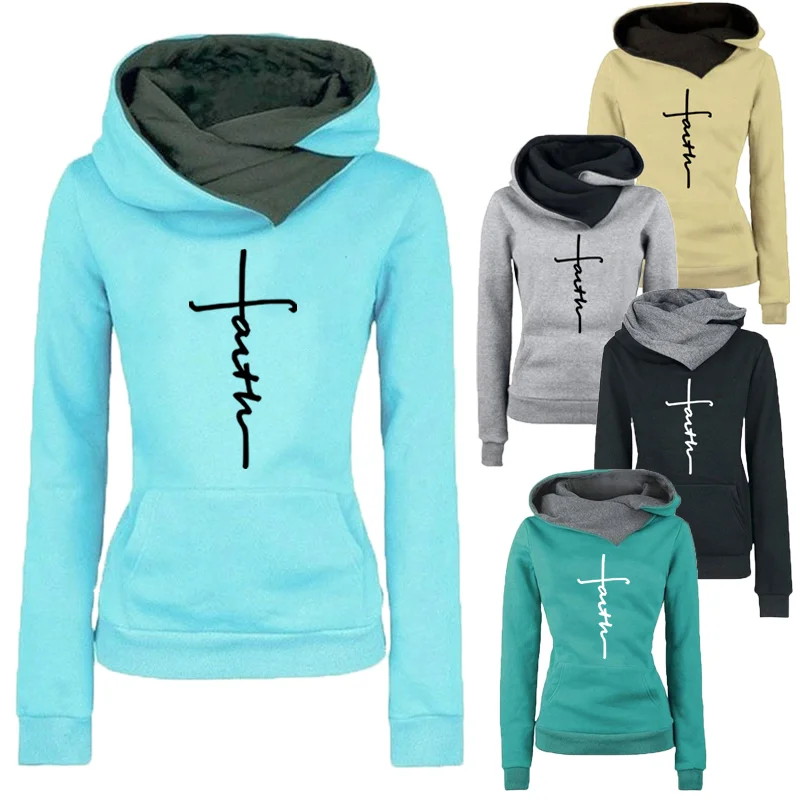 Autumn And Winter Fashion Faith Print Hoodies Lapel High Collar Long Sleeve Hooded Sweatshirts Casual Pullover Tops Sweater