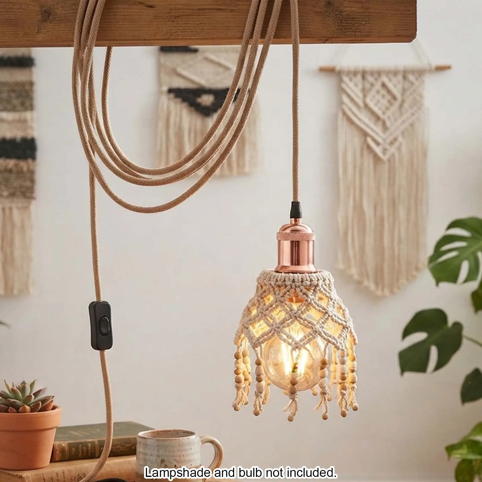 Hanging Lamp Wire, Jute Rope Braided Cable, E27 Socket with Switch and Plug, 5m, Vintage, Coffee Shop, Decor
