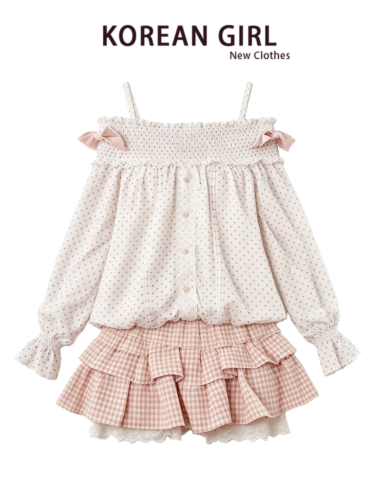 Sweet Gingham Cake Skirt Set Women's Early Autumn Long Sleeve One Shoulder Strap Dot Print Top And Skirt Ensemble Casual Fashion