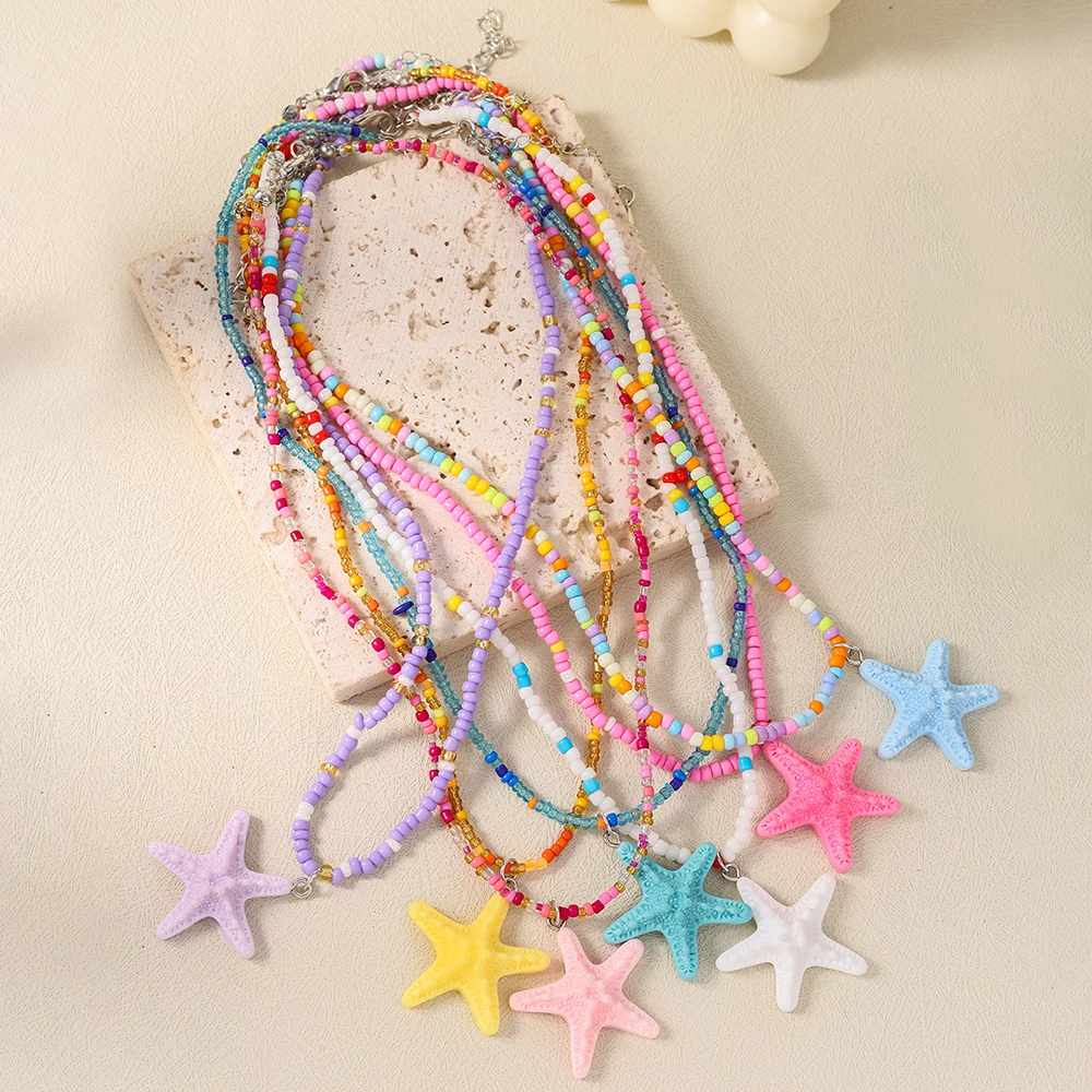 Aihua New Colorul Starfish Necklace Handmade Rice Beads Necklace Fashion Choker Necklace Summer Beach Trendy Vacation Jewelry