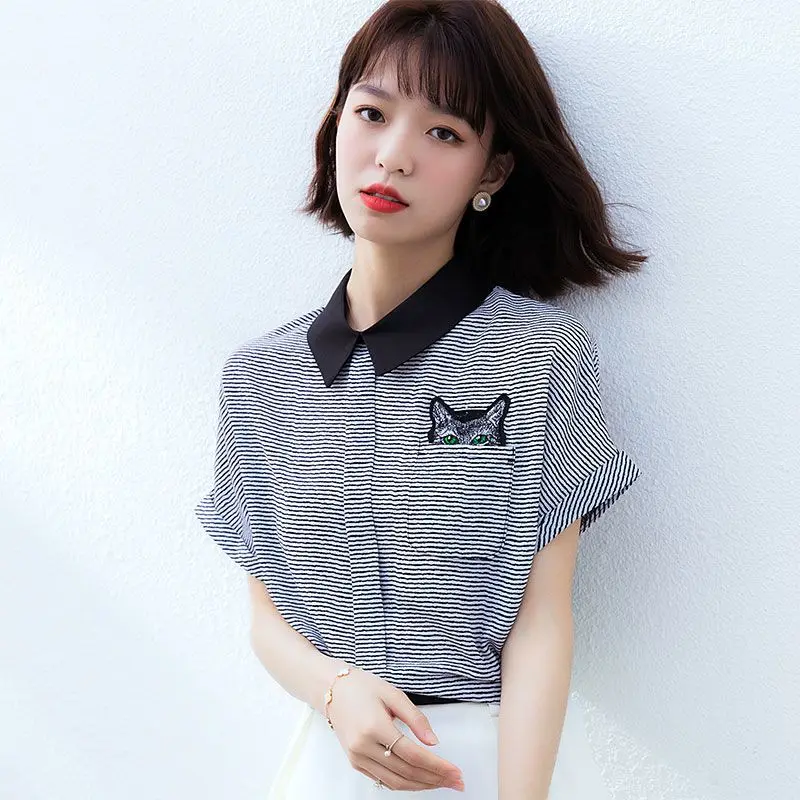 Women Summer Simplicity Loose Striped Chiffon Polo-Neck Short Sleeve Shirts Women Clothes Street Casual All-match Elegant Tops