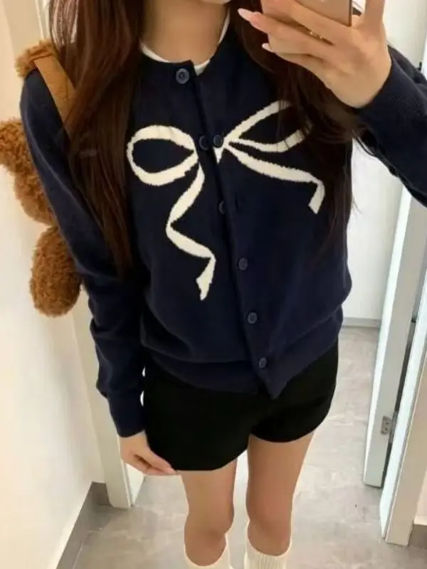 Korean Style Button up Cardigan Sweater Women's Early Autumn New Slimming  Knot Knitted Knitwear College Style Regul...