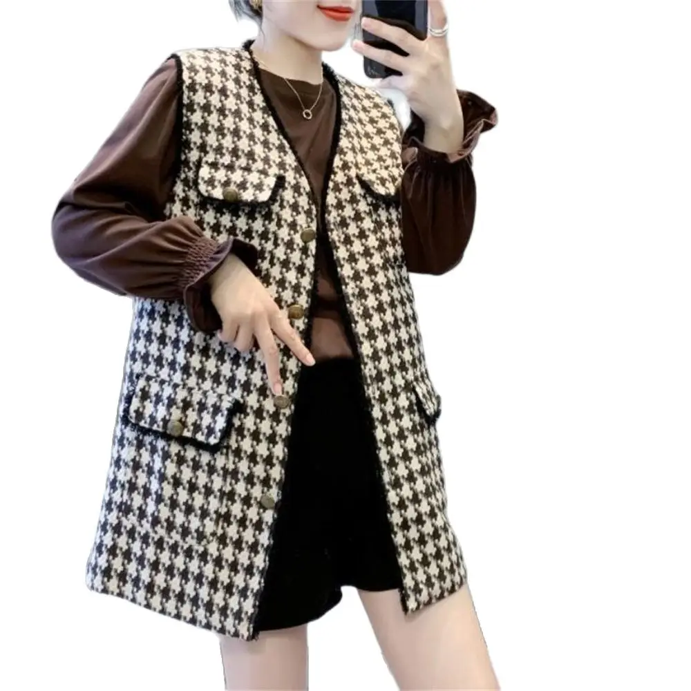 Coat Female Korean Version Loose All-Match Houndstooth Jackets Coat Outerwear Waistcoat Gilet 2024 Spring Autumn Sleeveless Vest