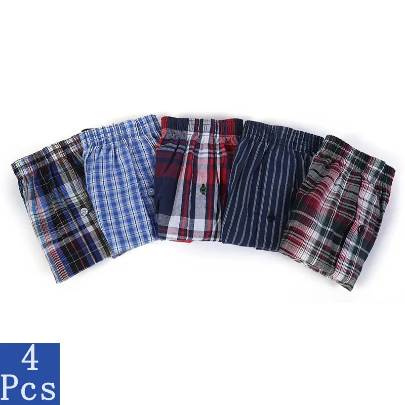 

4 Pcs/Lot Men's 100% Cotton Sleep Underpants Underwear Boxers Shorts Casual Plaid Comfortable Homewear Striped Beach Panties
