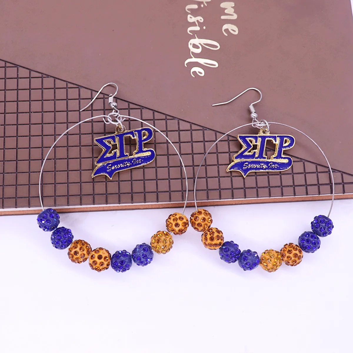 Party Decor Blue Yellow Beaded Greek Club SGRHO Letters Sigma Gamma Rho Hoop Earrings For Lady