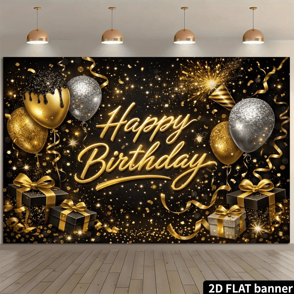 2D Plane Black Gold Birthday Happy Background Cloth, Heart-shaped Balloons Gift Box, Firecrackers and Sparkle Decorationzyc
