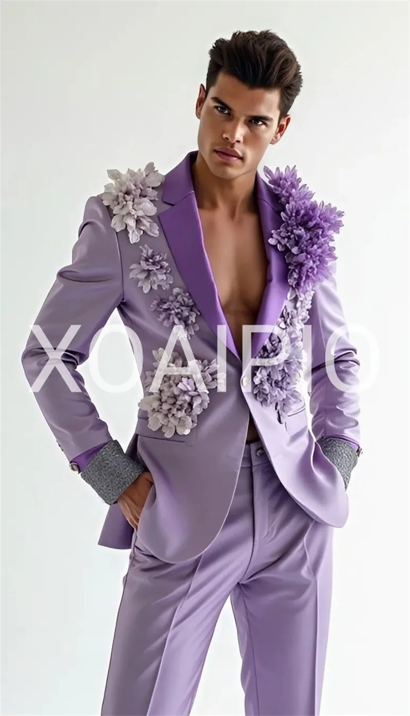 Purple White Men Suits Set 2 Pieces Blazer+Pants Trousers 3D Flower Customized Wedding Tuxedos Formal Office Jacket Coat