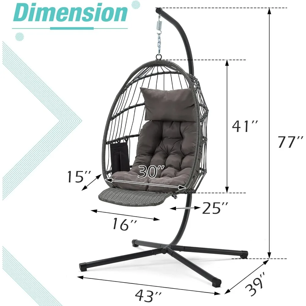 Rattan Swing Egg Chair with Adjustable Foot Rest, Foldable Hanging Egg Chair with Stand,Swing Chairs