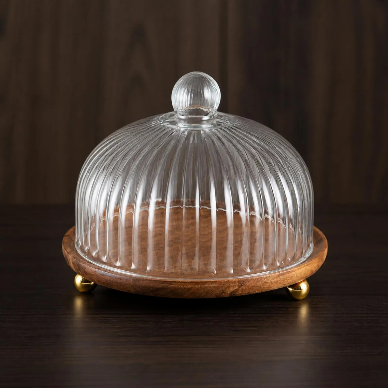 Round Wooden Serving Tray with Clear Ribbed Dome Dust-Safeguarded Single-Tier Dessert Display Tray with Raised Base Freestanding