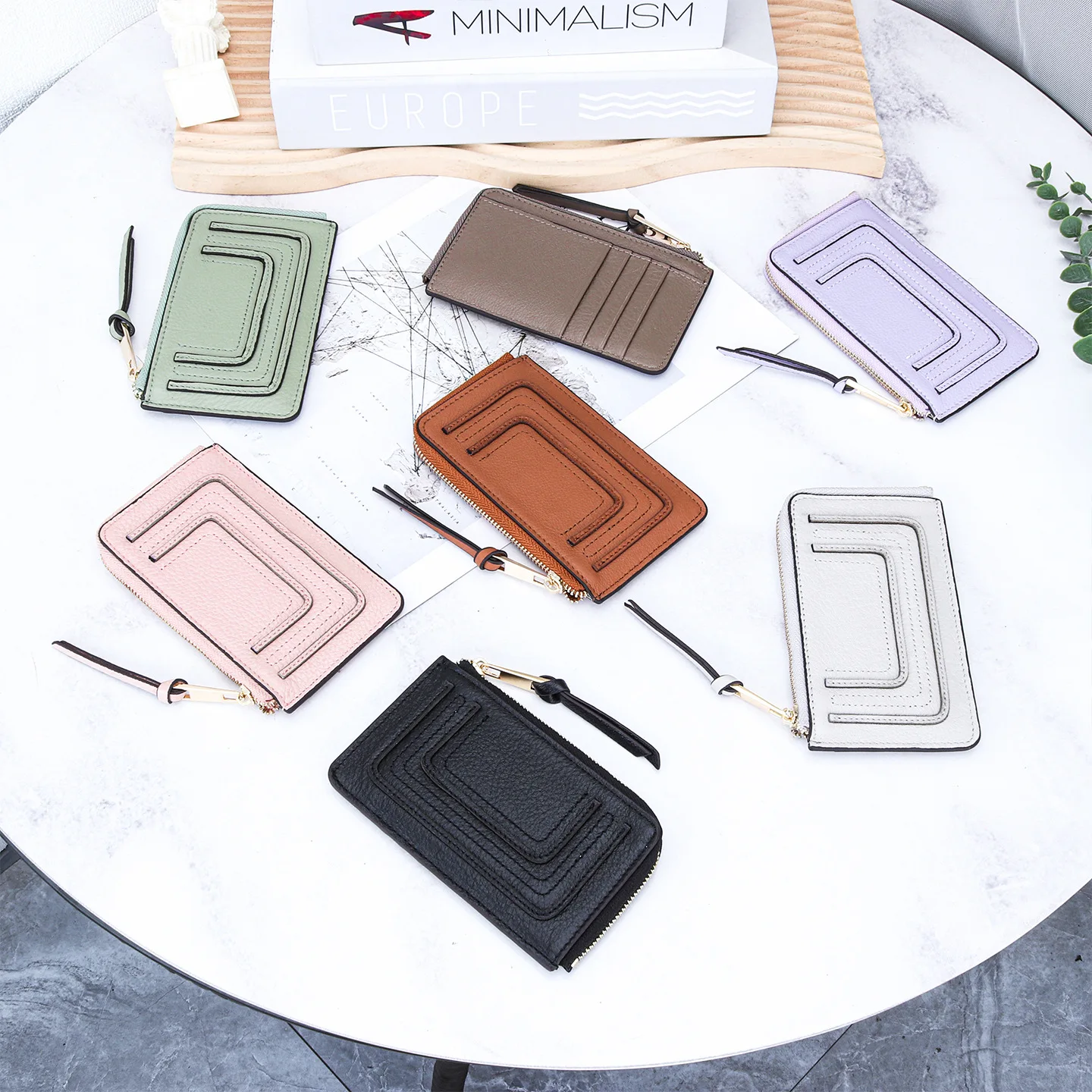 Genuine Leather Women's Slim Card Holder Trendy Minimalist Zipper Compact Card Case Luxury Brand Design Women Small Coin Purse