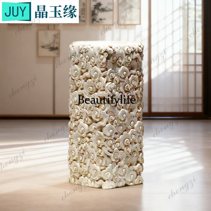 Stone carving white marble auspicious cloud column new Chinese style antique and old horse-tethering pile courtyard garden